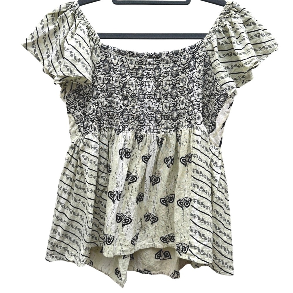 Sacred Threads Babydoll Mixed Print Top Cream Black Size XXL Boho Flutter Sleeve - Picture 3 of 5